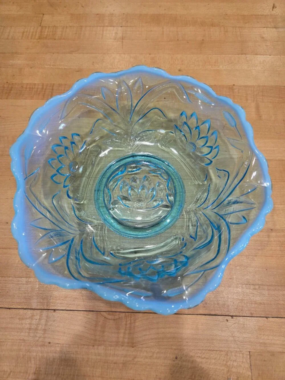 Antique Fenton Water Lily and Cattails Blue Opalescent Glass Bowl 9 Inch
